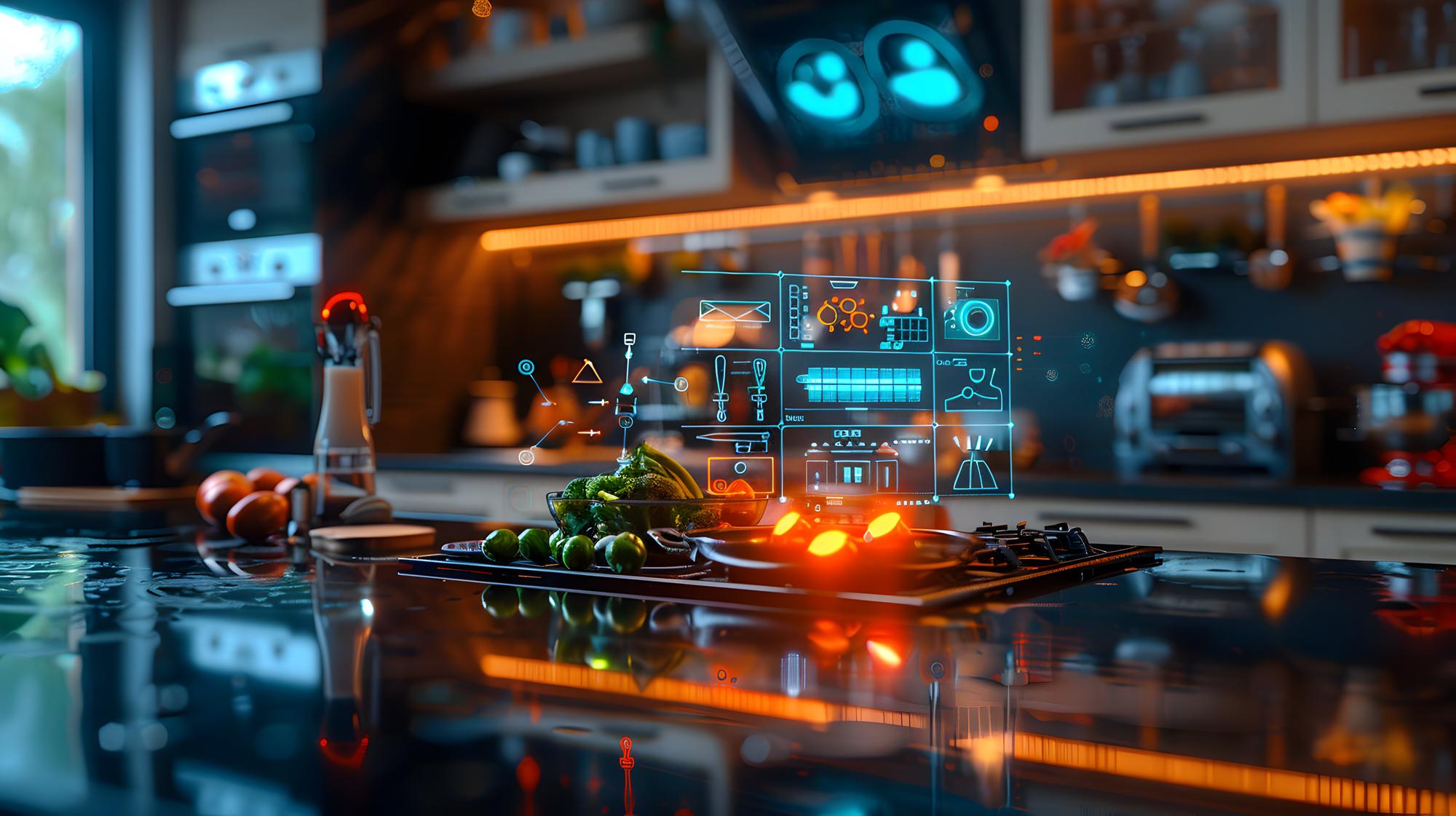 Workspace cucina moderna con strumenti digitali