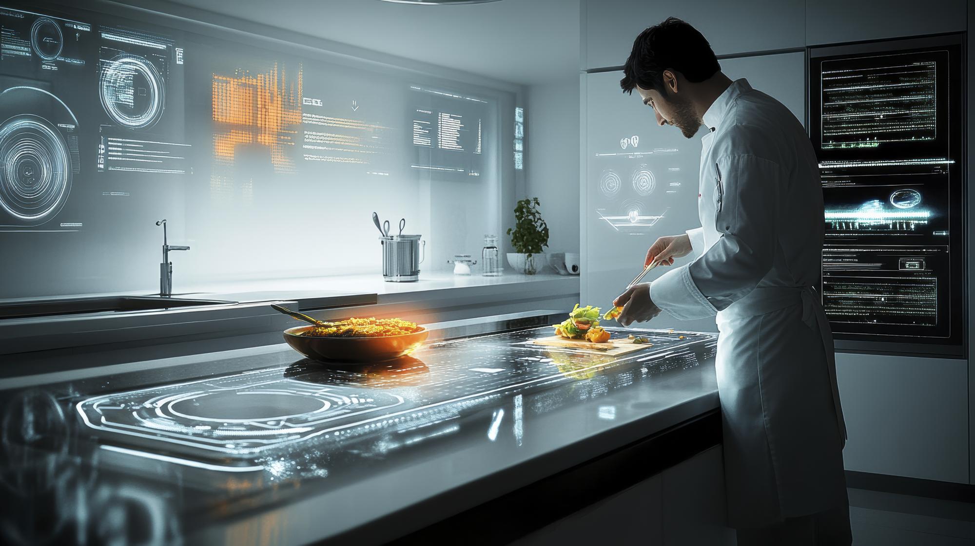 Chef con attrezzatura tecnologica in cucina